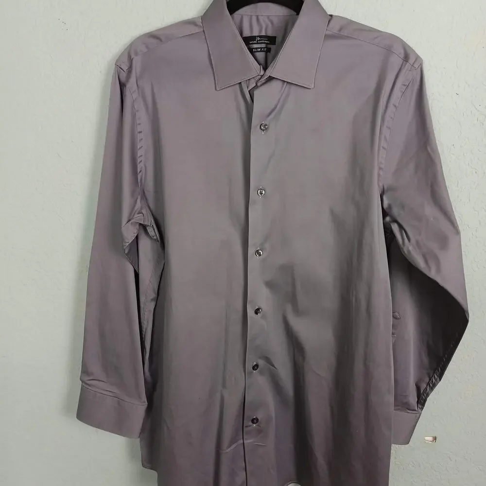 MARC ANTHONY Mens Solid Gray Long Sleeve Dress Shirt Stretch Slim Fit 16.5/32-33